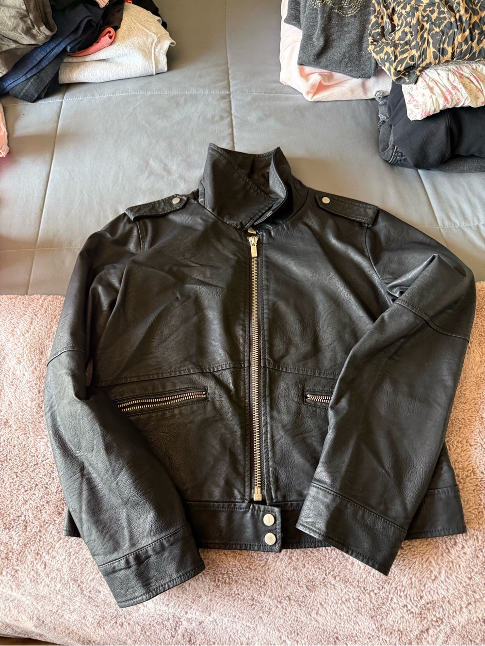 Women’s Black VEGAN Leather Zip-Front Jacket